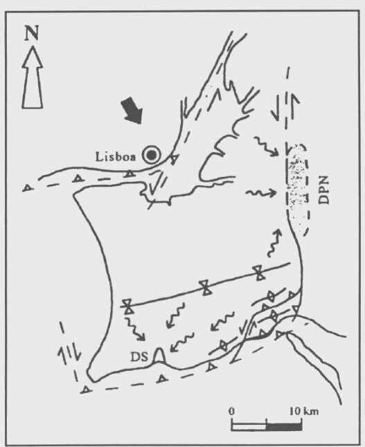 Fig. 17 - Esquema geral do indentador tectónico de Lisboa. DPN - Diapiro de Pinhal Novo (não aflorante); DS - Diapiro de Sesimbra. As setas onduladas indicam provável migração de evaporitos.